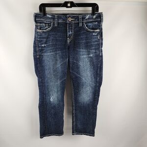 Silver Jeans Womens 27x22 1/2 Elyse Capri Distressed Blue